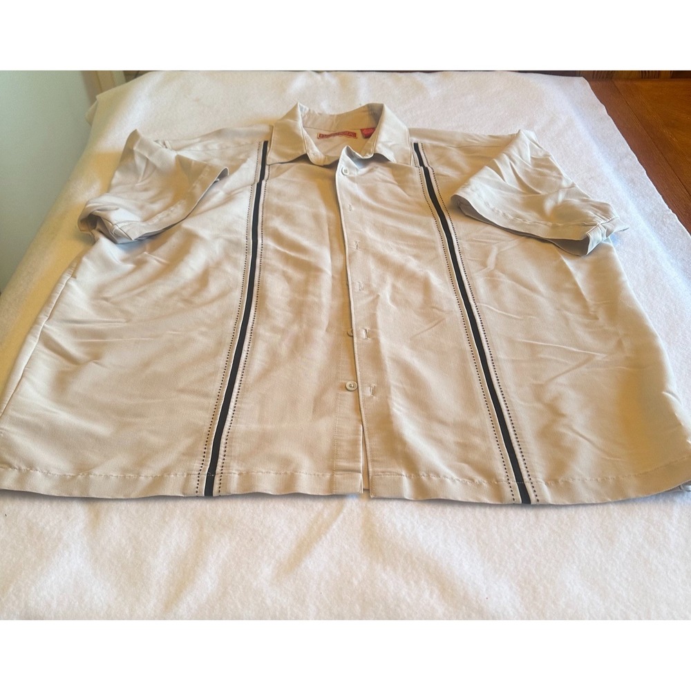 Havanera Shirt Mens XL Beige Piping Guayabera Bowling Button Down Short Sleeve